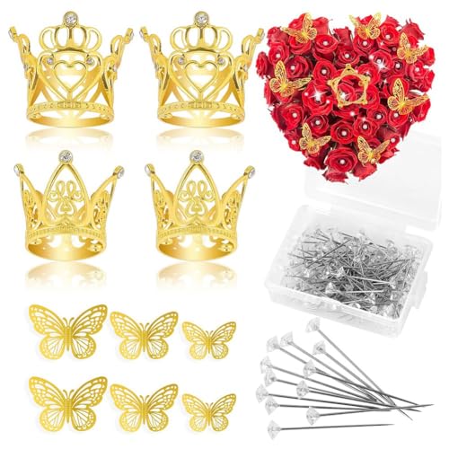 Hlennotor 140-Teiliges Blumen-Anstecknadel-Zubehör-Set, 4 Mini-Goldkronen, 36 Goldene 3D-Schmetterlingsaufkleber und 100 Diamantnadeln von Hlennotor