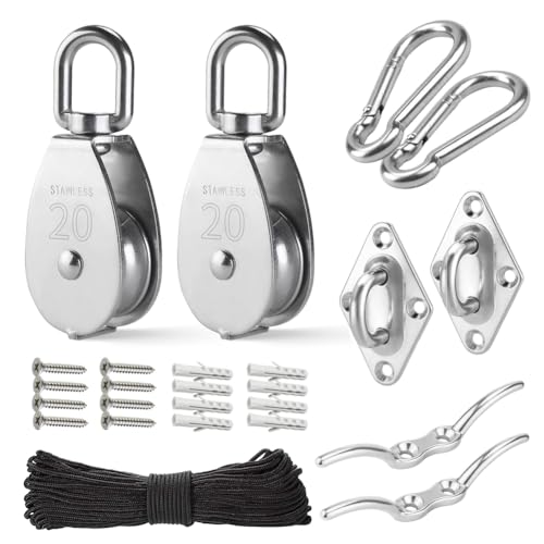 Hlennotor 2er-Pack M20-Edelstahl-Riemenscheibensystem-Set – Robustes Riemenscheibenrad, Flaschenzug mit Nylonseil, Haken, Ösenpolsterplatte, Einfache Installation und Einfache Verwendung. von Hlennotor