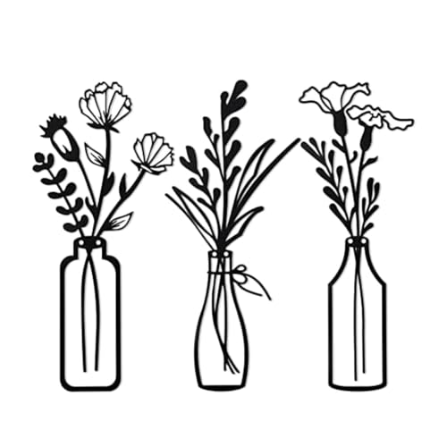 Hlennotor 3 StüCk Metallvase, Blumen, Wandkunst, Minimalistische Pflanzen-Wanddekoration, Metall-Wandkunst, Schwarze Blumen, NatüRliche Wanddekorationen von Hlennotor