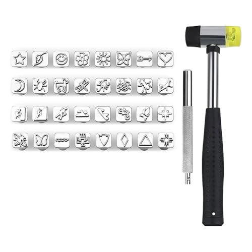 Hlennotor 34-Teiliges Lederstempelwerkzeug, Lederhandwerkswerkzeug mit 32 Verschiedenen Formen, 1 Gummihammer, 1 Lederstanzwerkzeug von Hlennotor