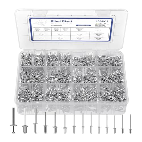 Hlennotor 600-Teiliges Popnieten-Sortimentsset in 14 Größen, Aluminiumnieten (3/32, 1/8, 5/32, 3/16), Verschiedene Blindnieten von Hlennotor
