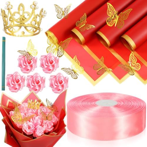 Hlennotor 74 Stück DIY Künstliche Bouquet Gefälschte Band Blumen Bouquet 1-1/2 Satinband Goldrand Geschenkpapier Rosa von Hlennotor