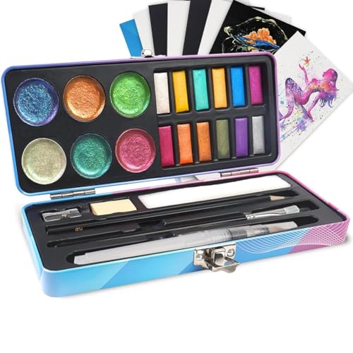 Hlennotor Aquarellfarben-Set, Glitzer-Aquarellfarben-Set mit 18 Farben (12 Metallic- und 6 Chamäleonfarben), Tragbares Reiseset mit Pinsel von Hlennotor