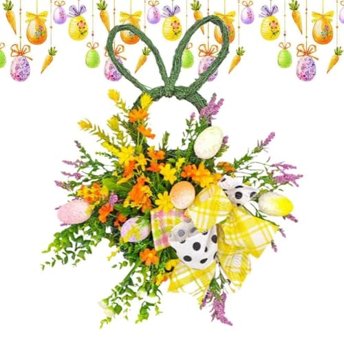 Hlennotor Fr¨¹Hlings-Osterhasenkranz, K¨¹nstlicher Blumen-Kaninchenkranz mit Eiern, Rattan-Fr¨¹hlingsgirlande f¨¹r die Haust¨¹r, Rustikal, Handgefertigt von Hlennotor