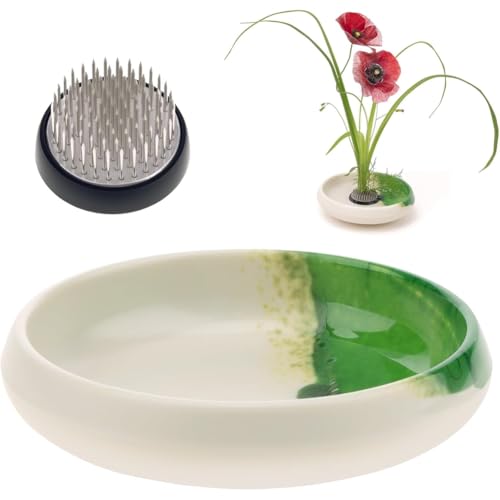 Hlennotor Japanische Ikebana-Vase und Blumenfrosch-Set, Blumenkunst, 13,5 cm ? Wei? Schalentopf mit 4 cm ?em Kenzan f¨¹r Blumenarrangements von Hlennotor