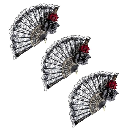 Hlennotor Schwarzer Handfächer für Halloween, Spitze, Rose, Handfächer, Vintage-Retro-Blumen-Faltfächer für Frauen, Requisiten, Dekorationen, Langlebig von Hlennotor