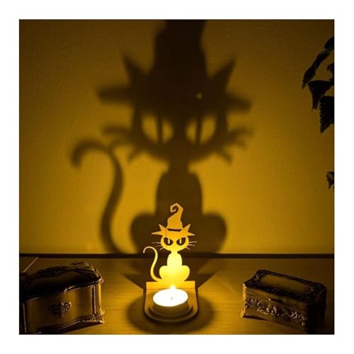Gruseliges Skelett Katze Teelichthalter, Halloween Kerzenhalter, Halloween Teelichthalter, Halloween Dekorationen Indoor Gothic Duft-Teelicht, Spukhaus Kerzenhalter, Geist Kerze Schatten (C) von Hliloy