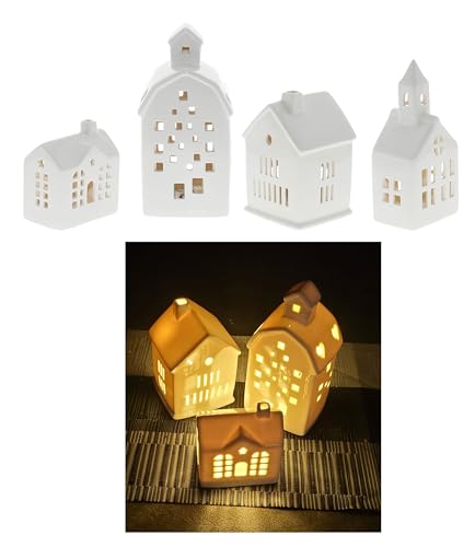 4 Stück Keramik Teelicht Häuschen Teelichthaus Weihnachtsdeko Winter Dekoration von Hline