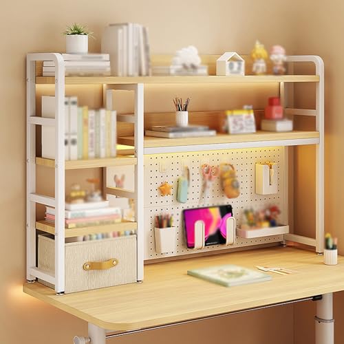 2-stöckiger Mehrzweck-Schreibtischaufsatz aus Metall für Wohnheime Schreibtisch-Bücherregal Schreibtischregal mit Gitterplatte und Verstellbarer Regal-Organizer-Aufsatzplatte(Wood,135cm/53.1in) von Hltdzer