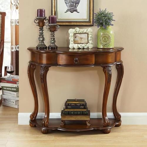 Hltdzer Halbmondförmige Holz Console Tabelle im Mid-Century Stil mit Schublade 4 Beinen Rechteckiger Holzaufbewahrung Nußbaumgravuren Elegante Console-Tabelle(Walnut) von Hltdzer