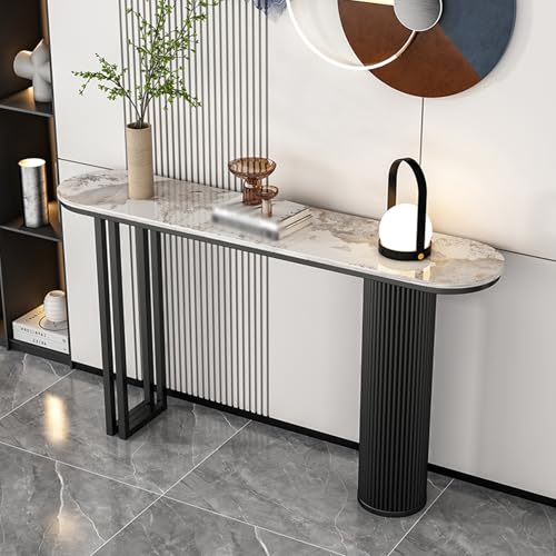 Moderner Schmaler Konsole Eingangs Akzent Tisch mit Geometrischer Basis Industrieller Steinplatte und Metall Rechteckrahmen Sofa Tisch Hinter Dem Sofa für Wohnzimmer(E,140*30*80CM/55.1*11.8*31.5IN) von Hltdzer