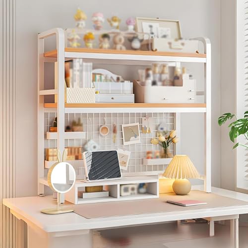 Schreibtisch Hutch Dorm mit Gitterplatte und anpassbare Schicht Mehrzweckspeicheranzeige Shelf Bookshelf Storage Rack Pegboard Bücher für Home Dorm Büro Wohnzimmer(weiße Doppelschicht,115/45.3in) von Hltdzer