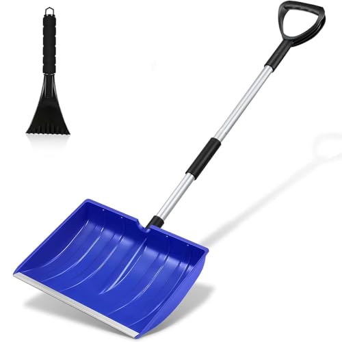 Hmseng Große Schneeschaufel, Superleicht Einstellbar Schneeräumer Schneeschieber,Aluminiumkante, Alu-Stiel mit D-Griff-Blau von Hmseng
