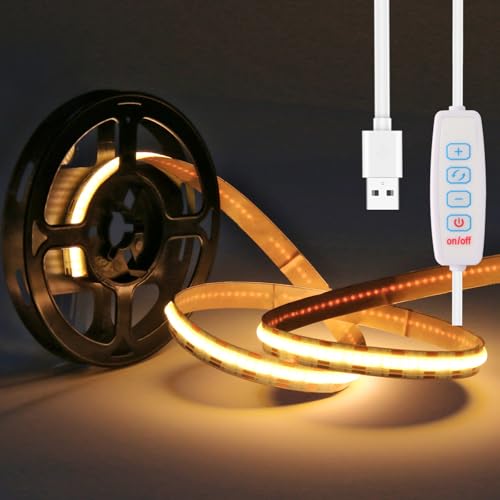 Hmuaog 5 Volts USB Selbstklebend COB LED Streifen 1M mit Controller Warmweiss Weiss Kaltweiss Dimmbar, 100 CM 640leds 1 Meter Strip Lichtband (1M) von Hmuaog