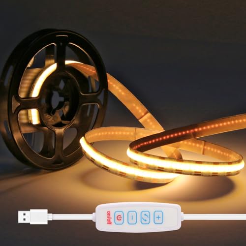 Hmuaog 5V USB Selbstklebend LED COB Streifen 0.5M mit Controller Warmweiss Weiss Kaltweiss Dimmbar, 50 CM 320leds Strip Lichtband (0.5M) von Hmuaog