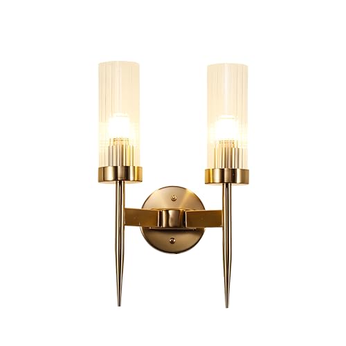 Hnexsei Goldene Wandleuchte mit Glasschirm - E14 Wandleuchte mit Glamourösem Kristall-Design für Moderne Wohnräume (2 Lichter) von Hnexsei