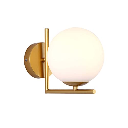 Hnexsei Messing Wandleuchten Retro Glas Wandleuchte Goldener Körper und Globus Weißer Lampenschirm Wandleuchter, Innenwandleuchte für Schlafzimmer Wohnzimmer von Hnexsei
