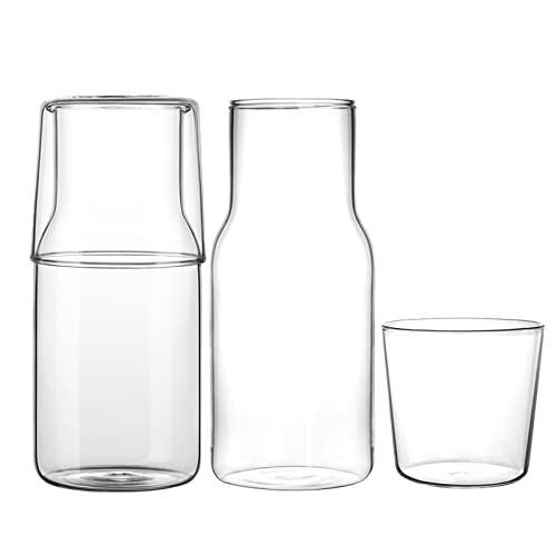 Hniuyun 4-teiliges Nachttisch-Wasserkaraffen-Set mit Becherglas, 550 ml, klares Glas, Saftwasserkrug, Glas-Mundspülflasche für Küche, Schlafzimmer oder Badezimmer von Hniuyun