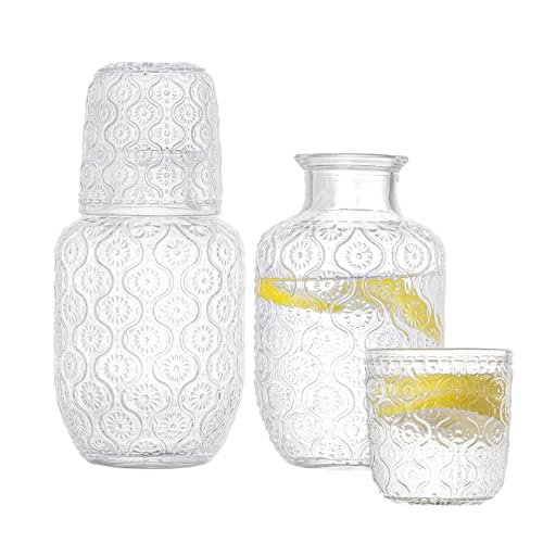 Hniuyun 4-teiliges Vintage-Wasserkaraffen-Set mit Becher, 500 ml Glassaft-Wasserkrug und 150-ml-Tasse, Glas-Mundspülflasche für Küche, Schlafzimmer oder Badezimmer von Hniuyun