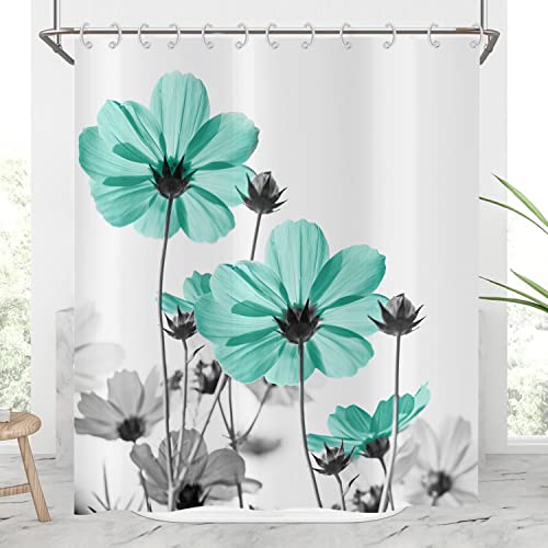 Duschvorhang Blumen 180x200, Hnmdmyi Türkis und Grau Gänseblümchen Blume Elegante Wildblume Design Bauernhof Badewanne Vorhang Wasserdicht Polyester Stoff Waschbar Badevorhang für Badezimmer mit Haken von Hnmdmyi
