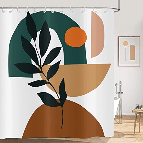 Duschvorhang Boho 120x180, Hnmdmyi Mid Century Abstrakt Terracotta Ästhetische Pflanze Eukalyptus Sonne Badewanne Vorhang Modern Minimalistisch Geometrisch Kunst Wasserdicht Stoff Waschbar Badevorhang von Hnmdmyi