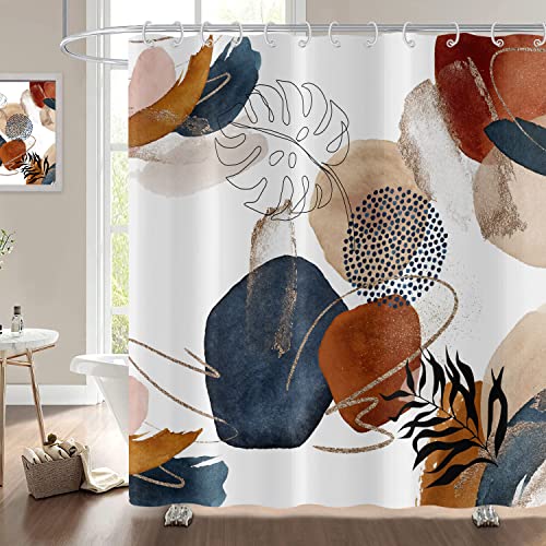 Duschvorhang Boho 150x180, Hnmdmyi Mid Century Abstrakt Marineblau Gold Geometrische Blätter Badewanne Vorhang Modern Ästhetisch Neutral Minimalistisch Wasserdicht Polyester Stoff Waschbar Badevorhang von Hnmdmyi