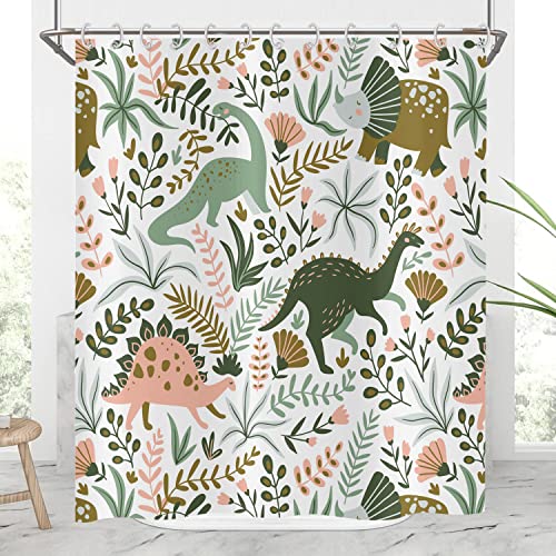 Duschvorhang Dinosaurier 180x240, Hnmdmyi Lustige Dino und Grün Rosa Pflanze Blätter Duschvorhänge Bunte Kinder Niedlich Cartoon Tier Badewanne Vorhang Wasserdicht Polyester Stoff Waschbar Badevorhang von Hnmdmyi