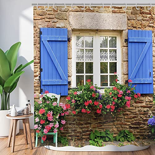 Duschvorhang Garten 120x180, Hnmdmyi 3D Duschvorhänge Blumen Pflanzen Blau Fenster Stein Wand Outdoor Landschaft Bild Natur Badewanne Vorhang Wasserdicht Polyester Stoff Waschbar Badevorhang mit Haken von Hnmdmyi