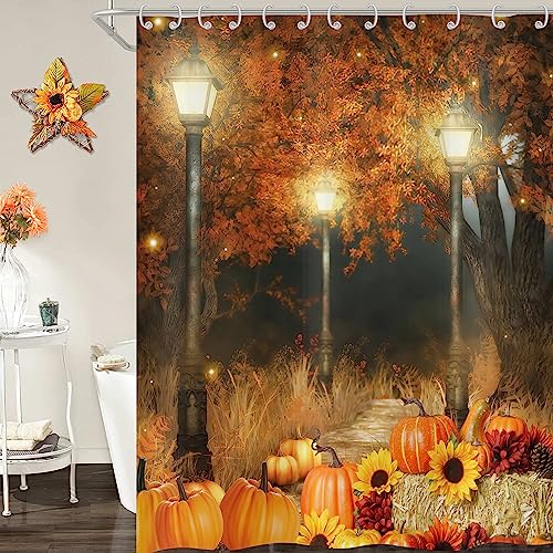 Duschvorhang Herbst 180x180, Hnmdmyi Orange Wald Kürbis Gelb Sonnenblume Ernte Pflanze Natur Szenerie Herbst Badewanne Vorhang Wasserdicht Polyester Stoff Waschbar Badevorhang für Badezimmer mit Haken von Hnmdmyi