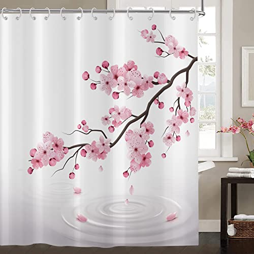 Duschvorhang Kirschblüten 120x200, Hnmdmyi Rosa Blumen Duschvorhänge Japanisch Asiatischer Stil Sakura Kunst Badewanne Vorhang Wasserdicht Polyester Stoff Waschbar Badevorhang für Badezimmer mit Haken von Hnmdmyi