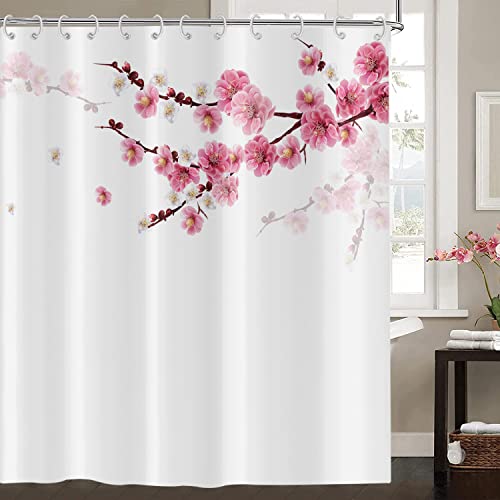 Duschvorhang Kirschblüten 180x180, Hnmdmyi Rosa Blumen Duschvorhänge Japanisch Asiatischer Stil Sakura Kunst Badewanne Vorhang Wasserdicht Polyester Stoff Waschbar Badevorhang für Badezimmer mit Haken von Hnmdmyi