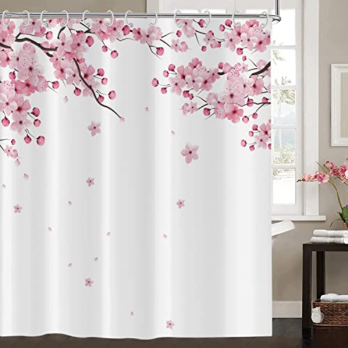 Duschvorhang Kirschblüten 180x180, Hnmdmyi Rosa Blumen Duschvorhänge Japanisch Asiatischer Stil Sakura Kunst Badewanne Vorhang Wasserdicht Polyester Stoff Waschbar Badevorhang für Badezimmer mit Haken von Hnmdmyi