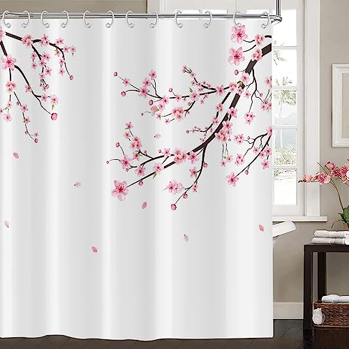 Duschvorhang Kirschblüten 180x220, Hnmdmyi Rosa Blumen Duschvorhänge Japanisch Asiatischer Stil Sakura Kunst Badewanne Vorhang Wasserdicht Polyester Stoff Waschbar Badevorhang für Badezimmer mit Haken von Hnmdmyi