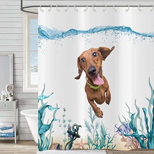 Duschvorhang Lustig 120x180, Hnmdmyi Niedliche Hund Schwimmt im Blauen Ozean Kinder Duschvorhänge Unterwasser Korallen Anker Nautisch Badewanne Vorhang Wasserdicht Polyester Stoff Waschbar Badevorhang von Hnmdmyi