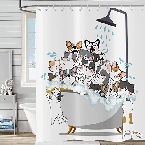 Duschvorhang Lustig 240x180, Hnmdmyi Cartoon Tier Katze und Hund Kinder Duschvorhänge Bunte Liebenswert Urkomisch Haustiere Badewanne Vorhang Wasserdicht Polyester Stoff Waschbar Badevorhang mit Haken von Hnmdmyi