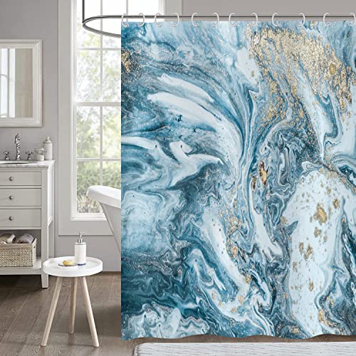 Duschvorhang Marmor Optik 150x180, Hnmdmyi Blau Gold Jade Textur Glitzer Duschvorhänge Abstrakt Aquarell Modern Luxus Kunst Badewanne Vorhang Wasserdicht Polyester Stoff Waschbar Badevorhang mit Haken von Hnmdmyi