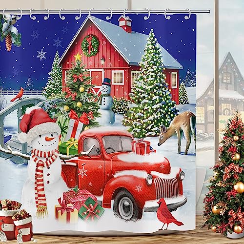 Duschvorhang Weihnachten 180x200, Hnmdmyi Schneemann Weihnachtsbaum Hirsch Rot LKW Geschenk Bauernhof Winter Urlaub Frohes Neues Jahr Badewanne Vorhang Wasserdicht Polyester Stoff Waschbar Badevorhang von Hnmdmyi