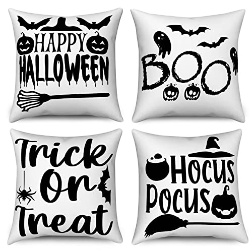 Halloween Kissenbezug 45x45 4er Set, Hnmdmyi Happy Halloween Schwarz Kürbis Fledermaus Geist Boo Trick or Treat Hocus Pocus Dekorative Kissenbezüge Leinen Kissenhülle für Sofa Couch Outdoor Home Decor von Hnmdmyi