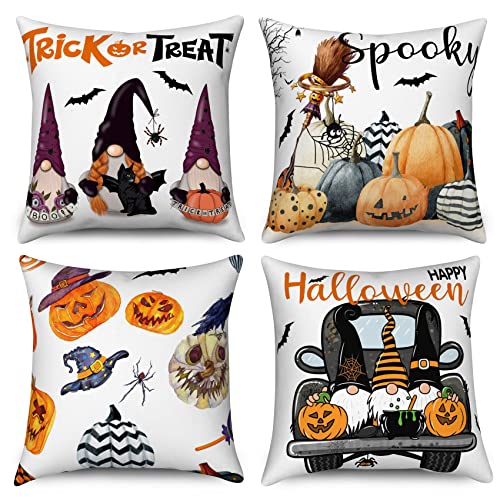 Halloween Kissenbezug 45x45 4er Set, Hnmdmyi Trick or Treat Gnom Spooky Kürbis Fledermaus Spinne LKW Bauernhaus Dekorative Kissenbezüge Leinen Kissenhülle für Sofa Couch Bett Garten Outdoor Home Decor von Hnmdmyi