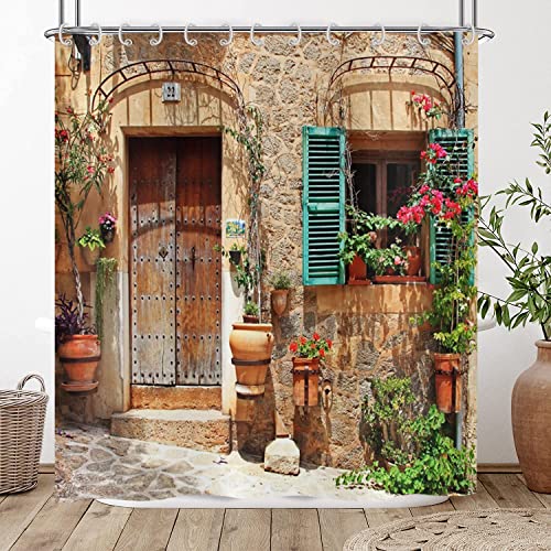 Hnmdmyi Duschvorhang 3D 180x200, Garten Blumen Landschaft Straße Allee Vintage Look Steinmauer mit Tür Badewanne Vorhang Wasserdicht Polyester Stoff Waschbar Badevorhang für Badezimmer mit Haken von Hnmdmyi