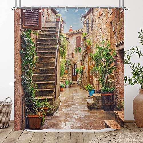 Hnmdmyi Duschvorhang 3D 180x200, Garten Floral Landschaft Straße Allee Bild Duschvorhänge Italien Outdoor Blumen Ansicht Badewanne Vorhang Wasserdicht Polyester Stoff Waschbar Badevorhang mit Haken von Hnmdmyi