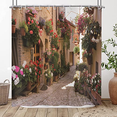 Hnmdmyi Duschvorhang 3D 90x180, Garten Floral Landschaft Straße Allee Bild Duschvorhänge Italien Outdoor Blumen Ansicht Badewanne Vorhang Wasserdicht Polyester Stoff Waschbar Badevorhang mit Haken von Hnmdmyi