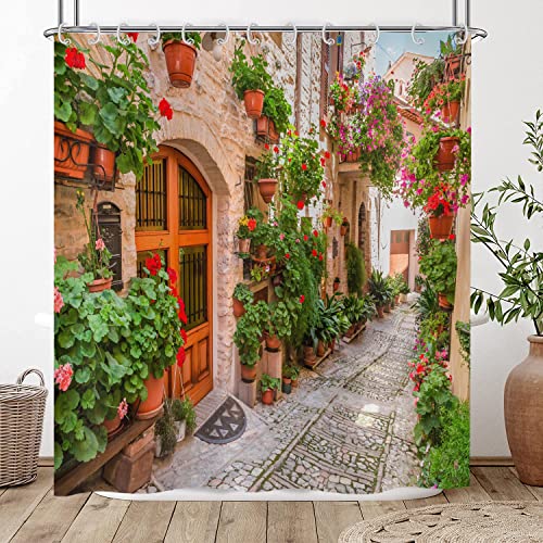 Hnmdmyi Duschvorhang 3D 90x180, Garten Floral Landschaft Straße Allee Bild Duschvorhänge Italien Outdoor Blumen Ansicht Badewanne Vorhang Wasserdicht Polyester Stoff Waschbar Badevorhang mit Haken von Hnmdmyi
