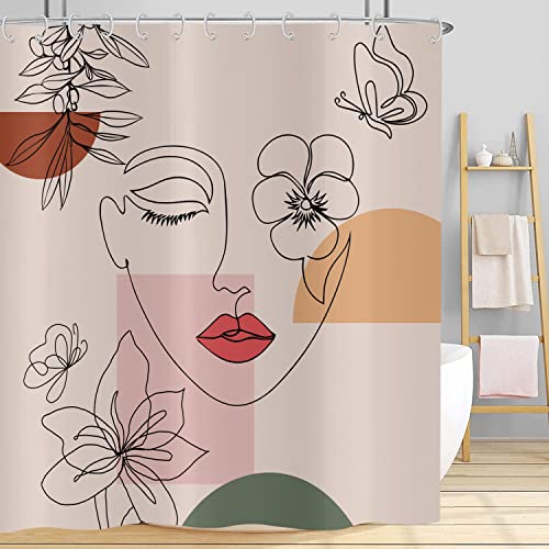 Hnmdmyi Duschvorhang Abstrakte Frau 165x180, Boho Mid Century Badewanne Vorhang Minimalistisch Modern Blume Pflanze Terracotta Ästhetisch Mädchen Wasserdicht Polyester Stoff Waschbar Badevorhang von Hnmdmyi