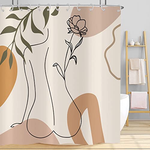 Hnmdmyi Duschvorhang Abstrakte Frau 180x200, Boho Mid Century Badewanne Vorhang Minimalistisch Modern Blume Pflanze Ästhetisch Mädchen Wasserdicht Polyester Stoff Waschbar Badevorhang mit Haken von Hnmdmyi