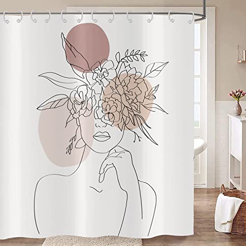 Hnmdmyi Duschvorhang Abstrakte Frau 180x200, Boho Mid Century Moderne Minimalistische Ästhetische Kunst Blumenmädchen Badewanne Vorhang Wasserdicht Polyester Stoff Waschbar Badevorhang mit Haken von Hnmdmyi