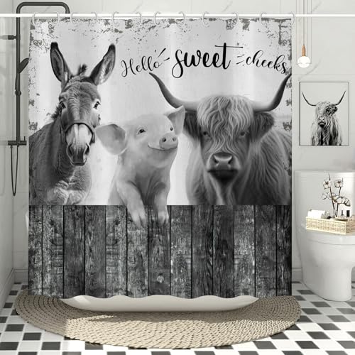 Hnmdmyi Duschvorhang Bauernhaus 120x200, Lustige Hochland Kuh Schwein Esel auf Zaun Rustikales Land Hallo Süße Wangen Grau Badewanne Vorhang Wasserdicht Polyester Stoff Waschbar Badevorhang mit Haken Hnmdmyi Duschvorhang Bauernhaus 120x200, Lustige Hochland Kuh Schwein Esel auf Zaun Rustikales Land Hallo Süße Wangen Grau Badewanne Vorhang Wasserdicht Polyester Stoff Waschbar Badevorhang mit Haken von Hnmdmyi