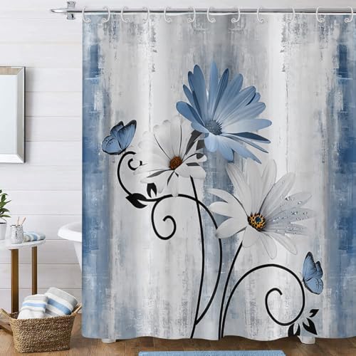 Hnmdmyi Duschvorhang Bauernhof Blumen 180x200, Rustikale Blau Gänseblümchen Blumen und Schmetterling auf Land Holzbrett Badewanne Vorhang Wasserdicht Polyester Stoff Waschbar Badevorhang mit Haken von Hnmdmyi