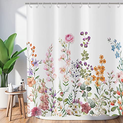 Hnmdmyi Duschvorhang Blumen 120x180, Bunte Blumen Grünes Blätter Duschvorhänge Aquarell Wildblume Pflanze Botanisch Badewanne Vorhang Wasserdicht Polyester Stoff Waschbar Badevorhang mit Haken von Hnmdmyi