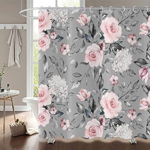 Hnmdmyi Duschvorhang Blumen 120x180, Rosa Grau Blume Duschvorhänge Elegant Vintage Blüte Aquarell Rosen Badewanne Vorhang Wasserdicht Polyester Stoff Waschbar Badevorhang für Badezimmer mit Haken von Hnmdmyi